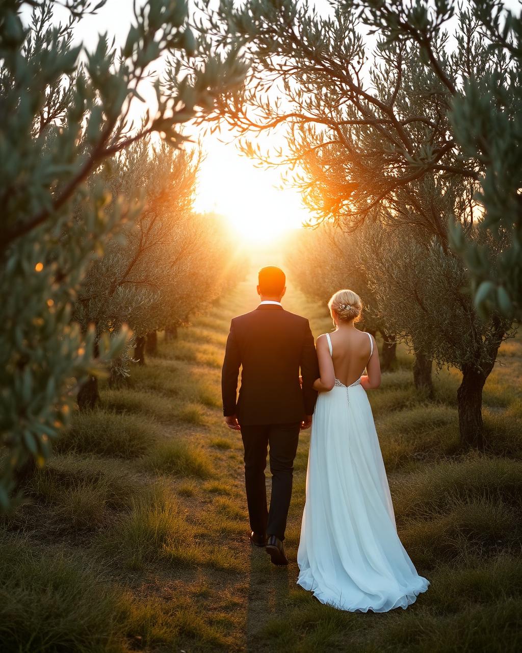 Couple walking through olive grove
