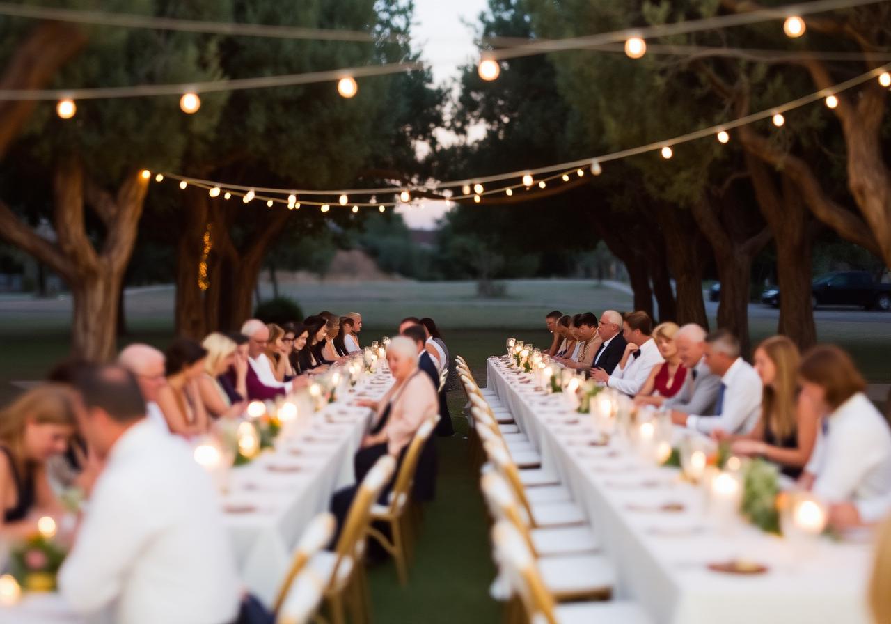 Long reception table under string lights