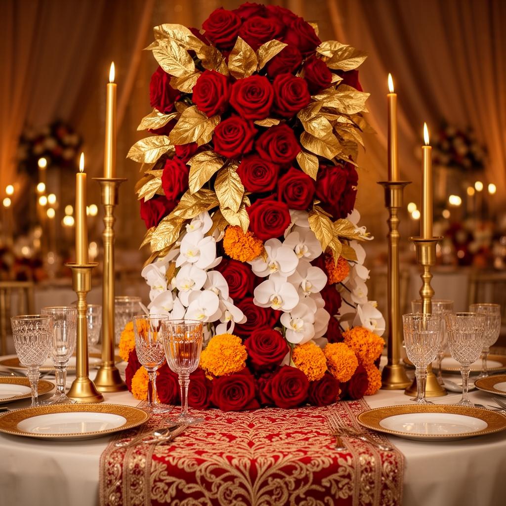 Lavish red rose, marigold and orchid centerpiece with gold candlesticks
