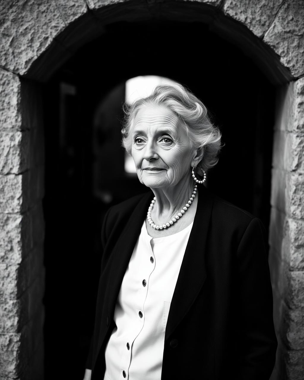 Portrait of the estate's matriarch in a stone doorway