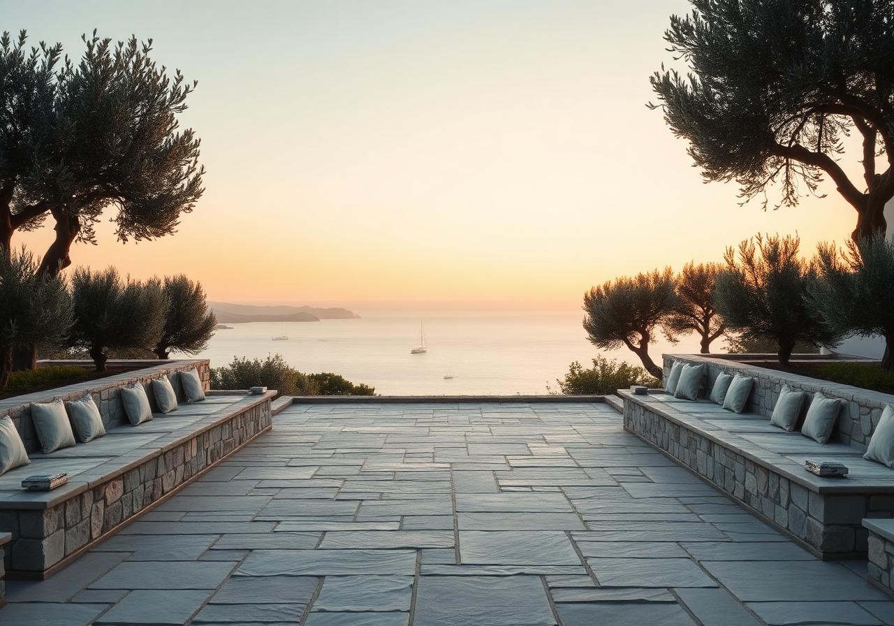 The stone terrace at golden hour